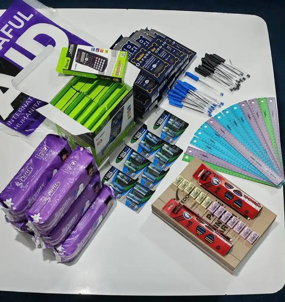 Back to School supplies: calculators, maths sets, pens, rulers and sanitary pads